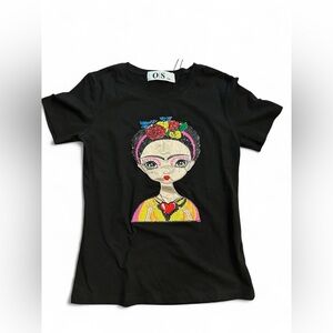 Black Frida Kahlo T-Shirt with Colorful Graphic